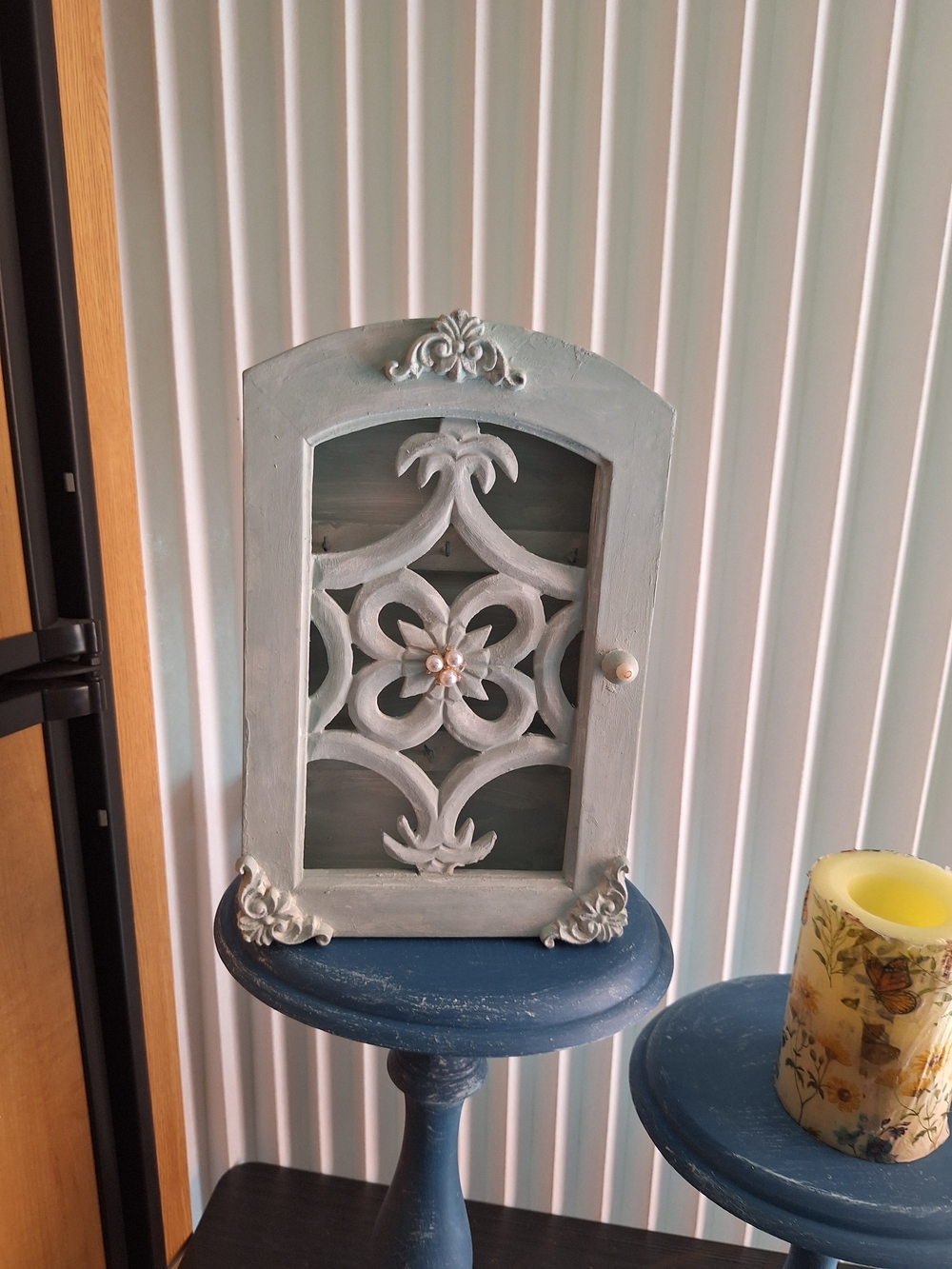 Shabby Chic Light Blue Ornate Wall Cabinet with Floral Grille